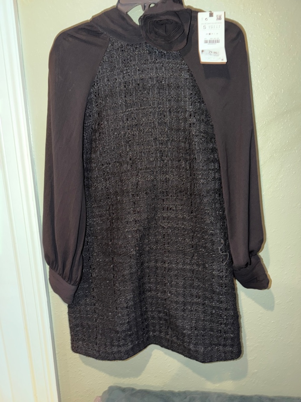 Zara Black Tweed & Chiffon Sleeve Shift Dress